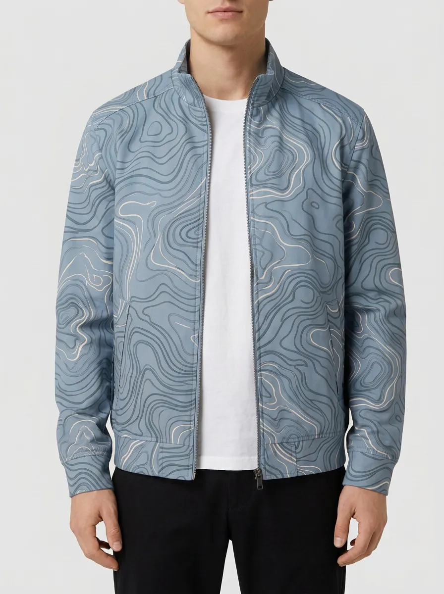 Topographic Print Stand Collar Bomber Jacket