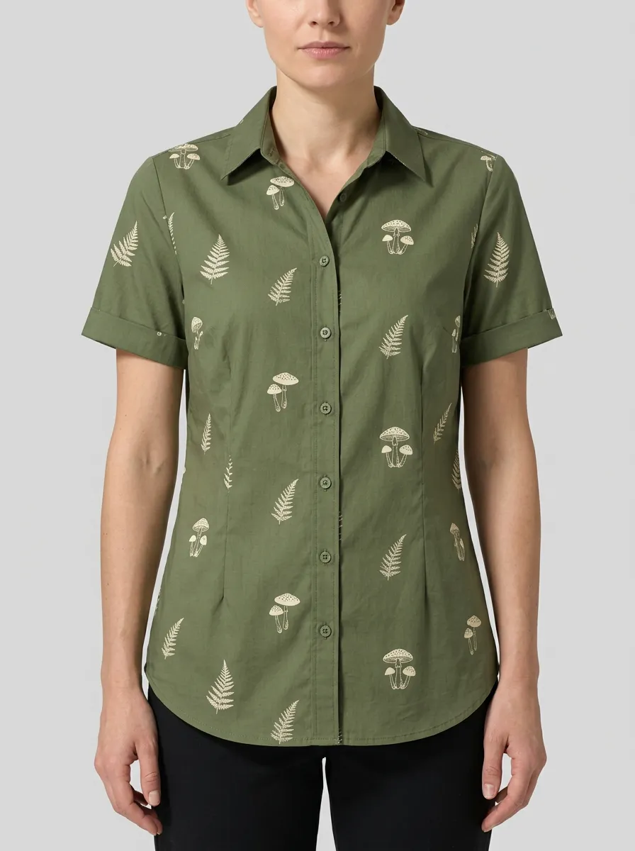 Women's Button-Front Graphic-Print Mushroom Shirt