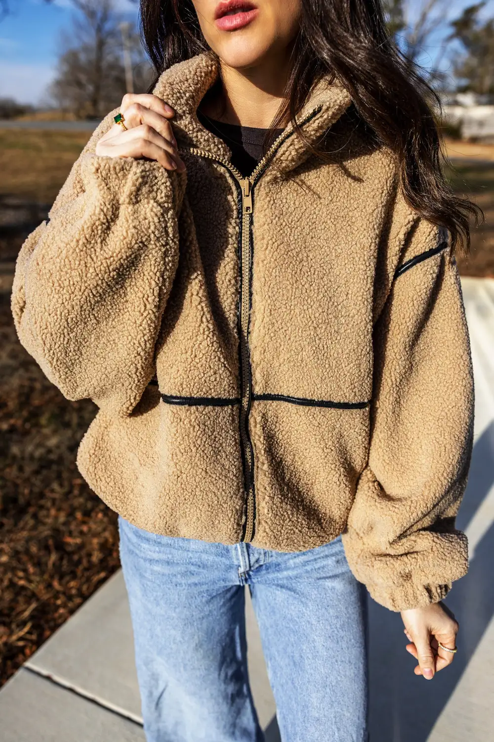 Women's Drop Shoulder Collar Long Sleeve Fleece Regular Fit Jacket