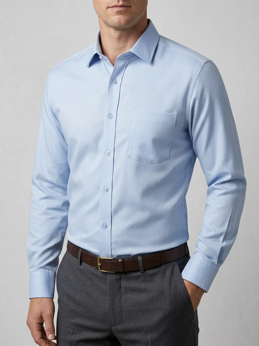 Men's Business Casual Light Blue Textured Long Sleeve Dress Shirt