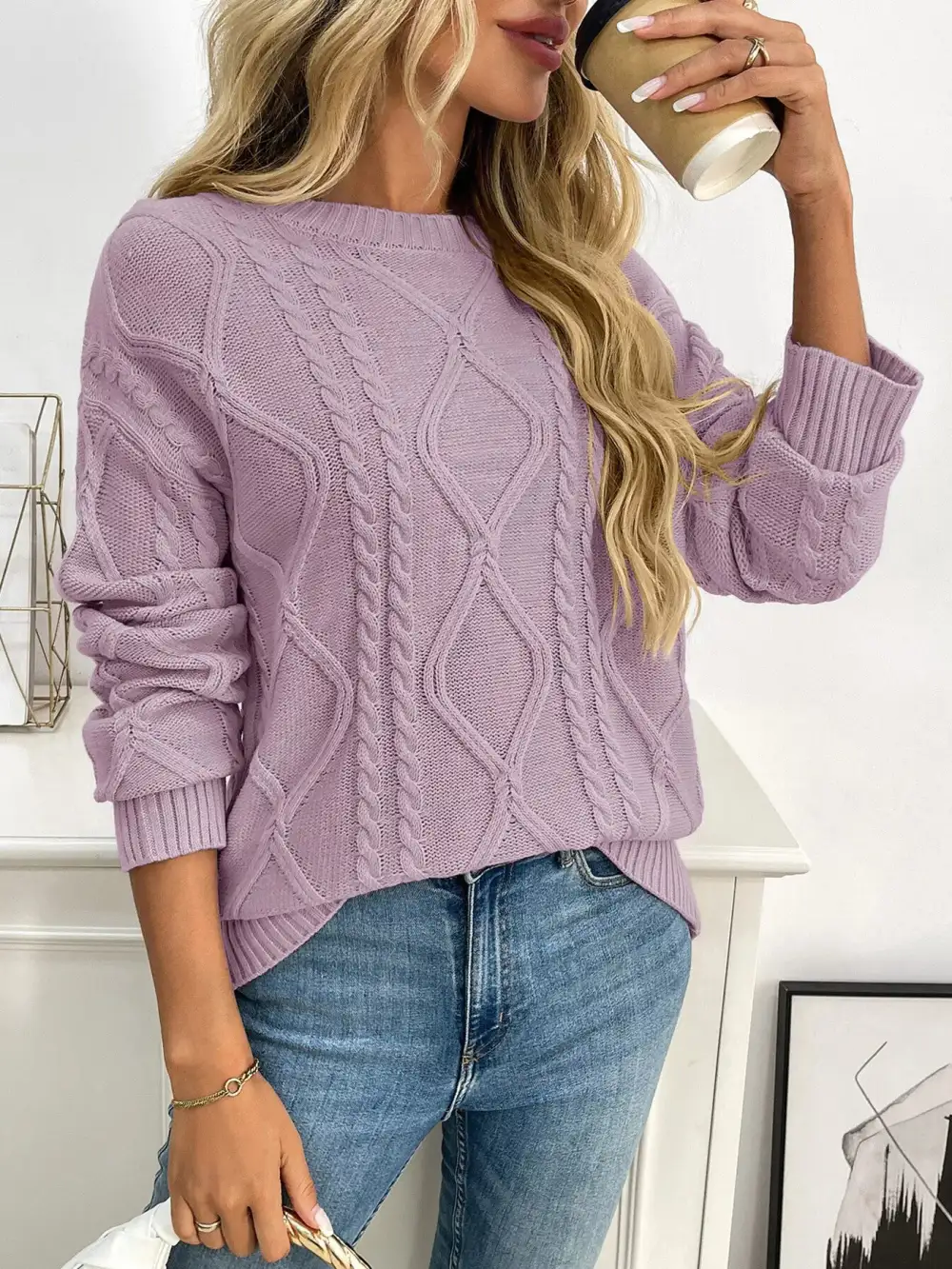 Long Sleeve Round Neck Cable Knit Sweater