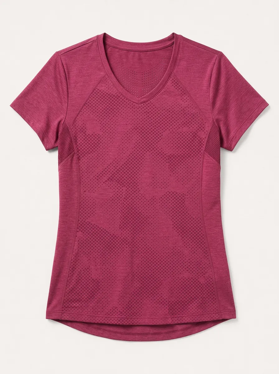 Women's Athletic Fitness Dotted Camo Printed V-neck Top