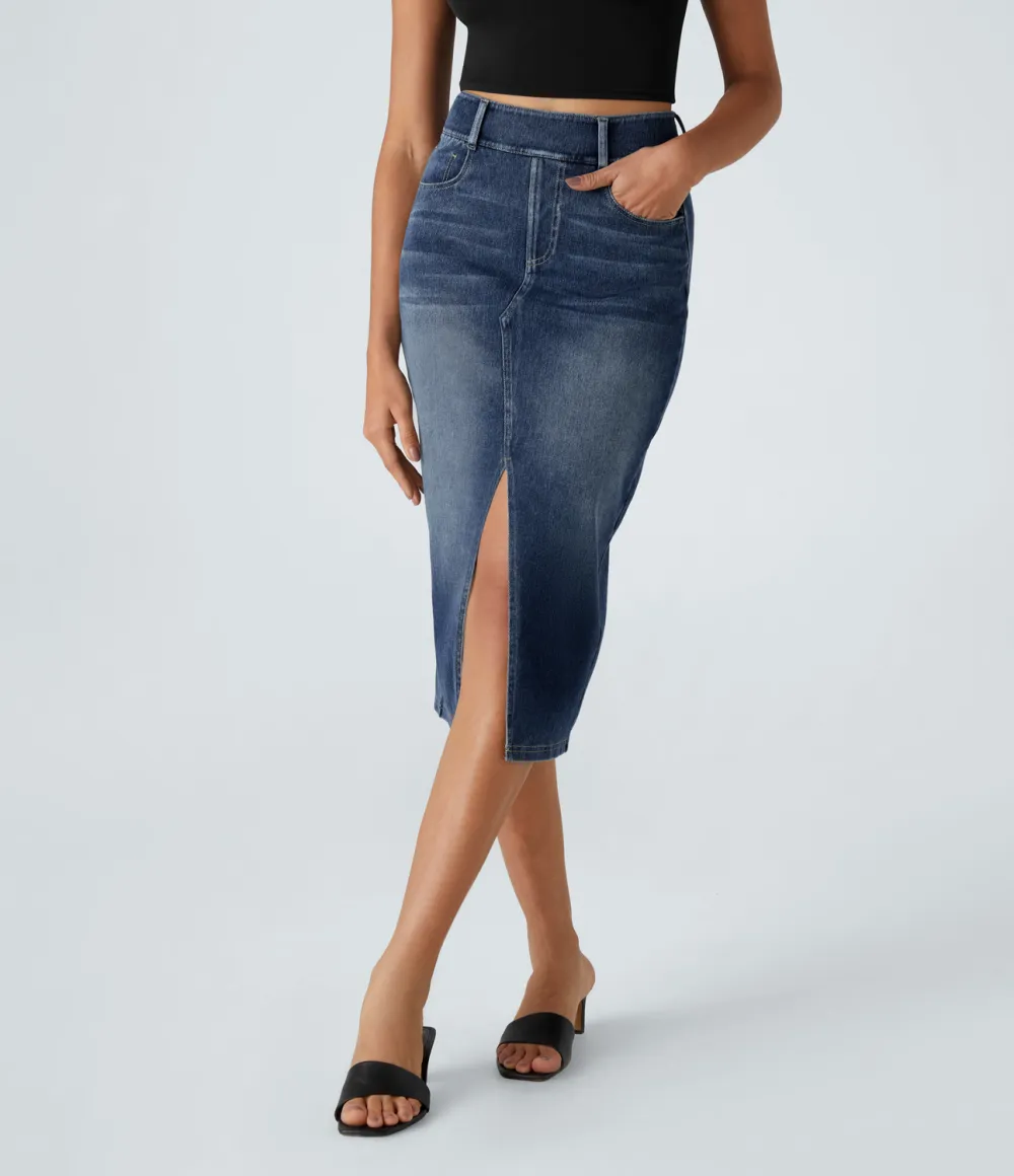Magic High Waisted Multiple Pockets Bodycon Split Washed Stretchy Knit Denim Casual Midi Skirt