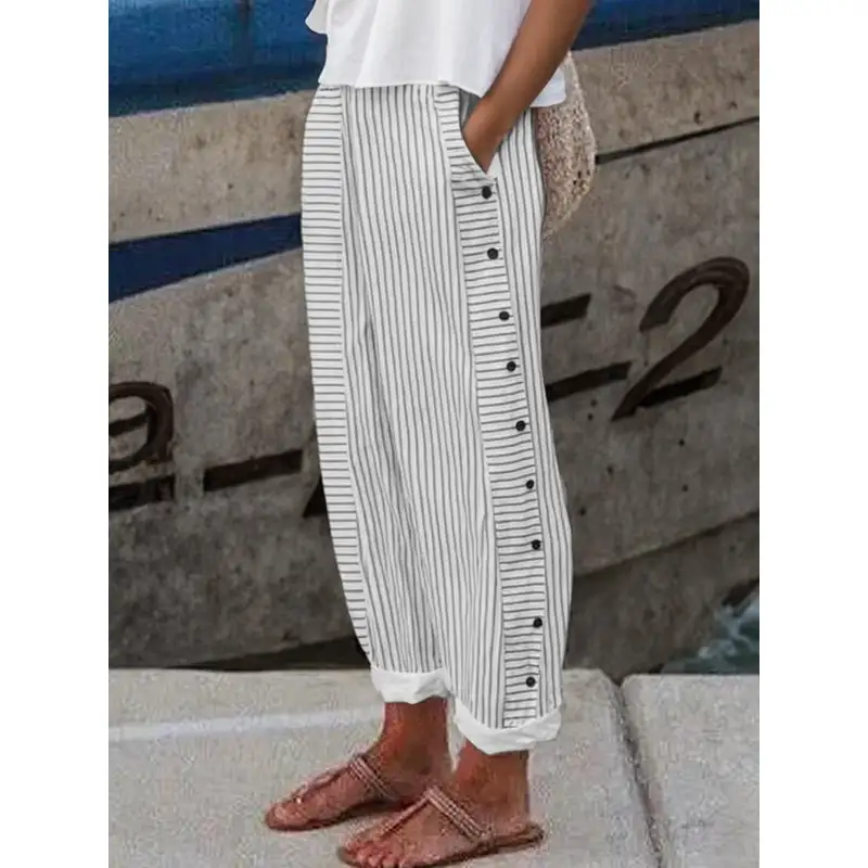 Women's Loose Fit Pocket Striped Button Detail Pants