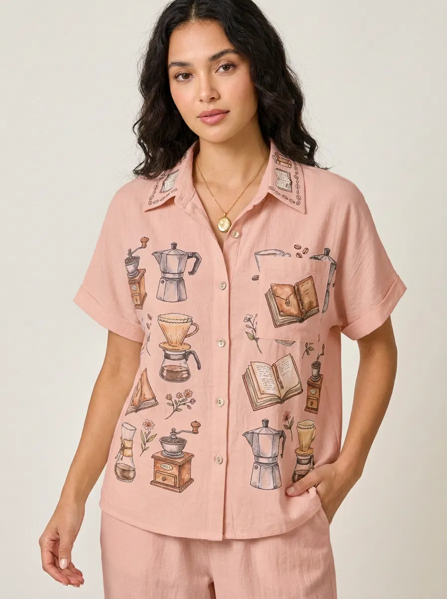 Women's Coffee Book Coffee Maker Graphic Button-up Shirt Tank Top