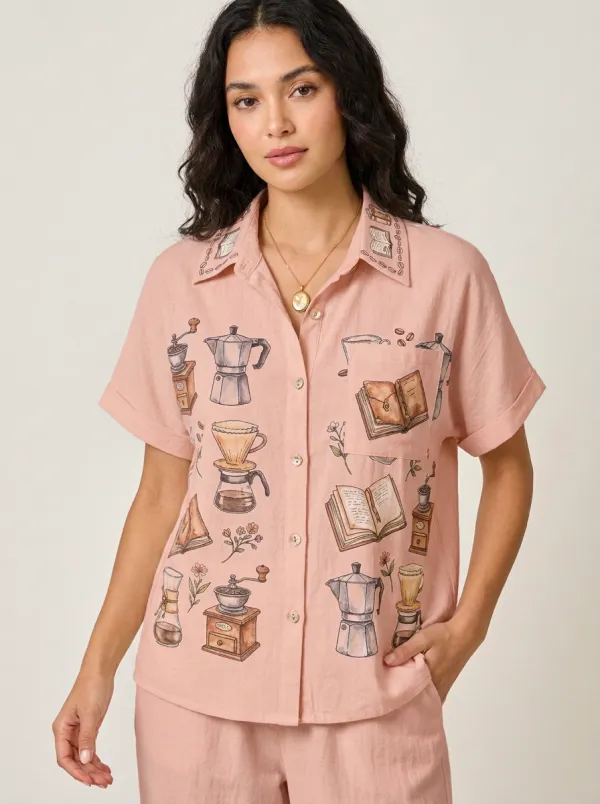 Women's Coffee Book Coffee Maker Graphic Button-up Shirt Tank Top