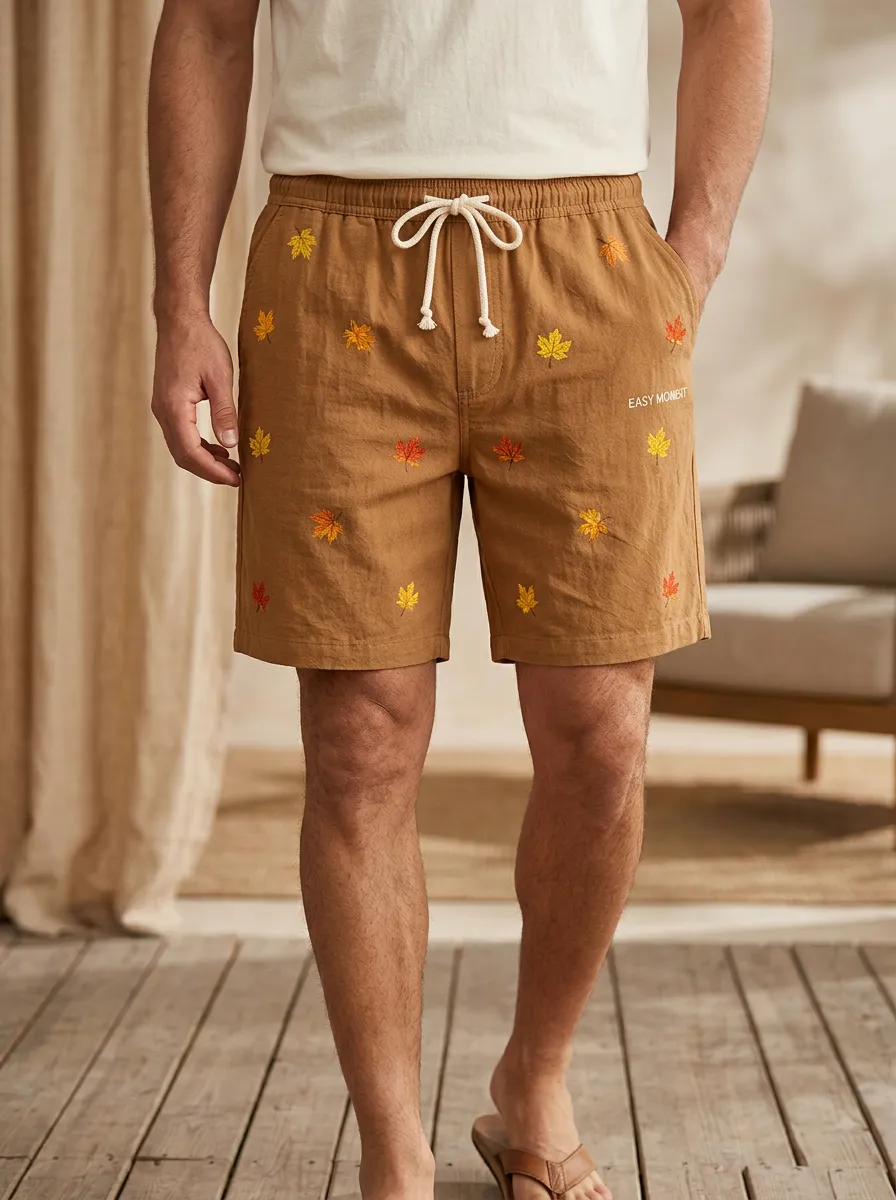 Tan Maple Leaf Embroidered Drawstring Braided Drawstring Shorts