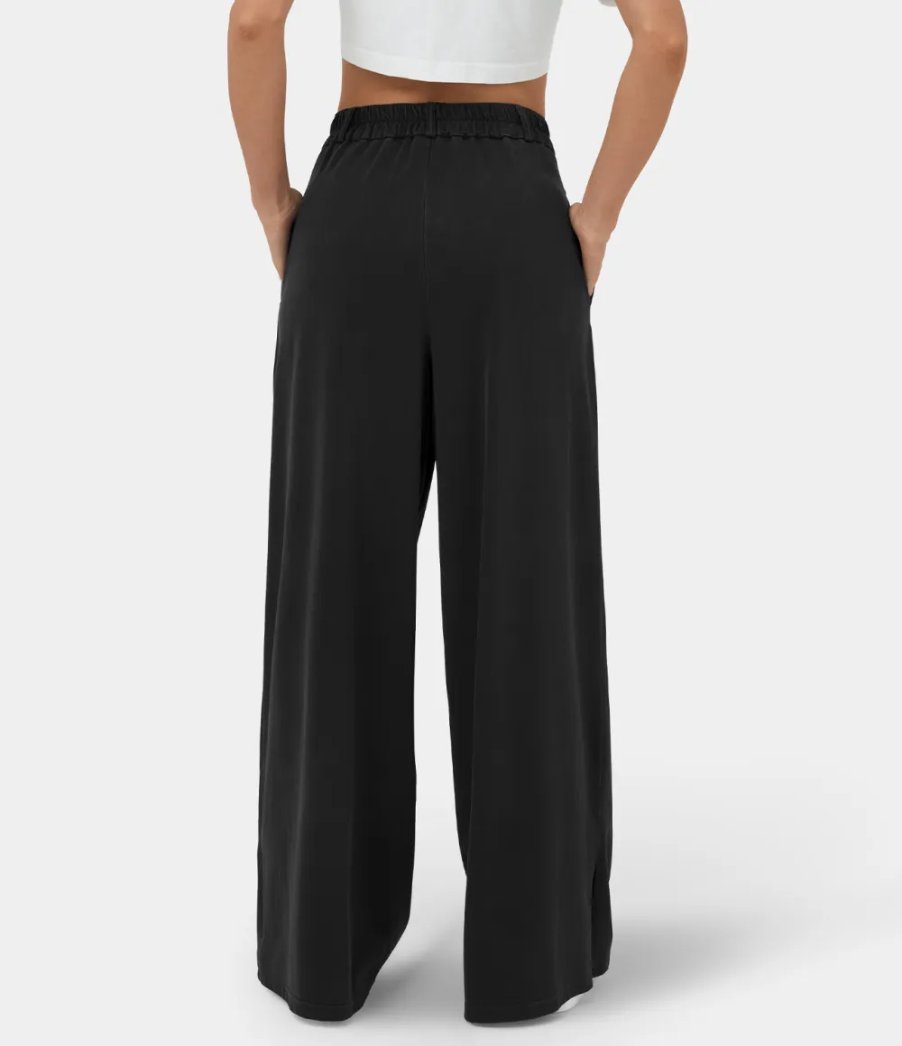 High Waisted Button Zipper Plicated Side Pocket Split Hem Wide Leg Casual Pants