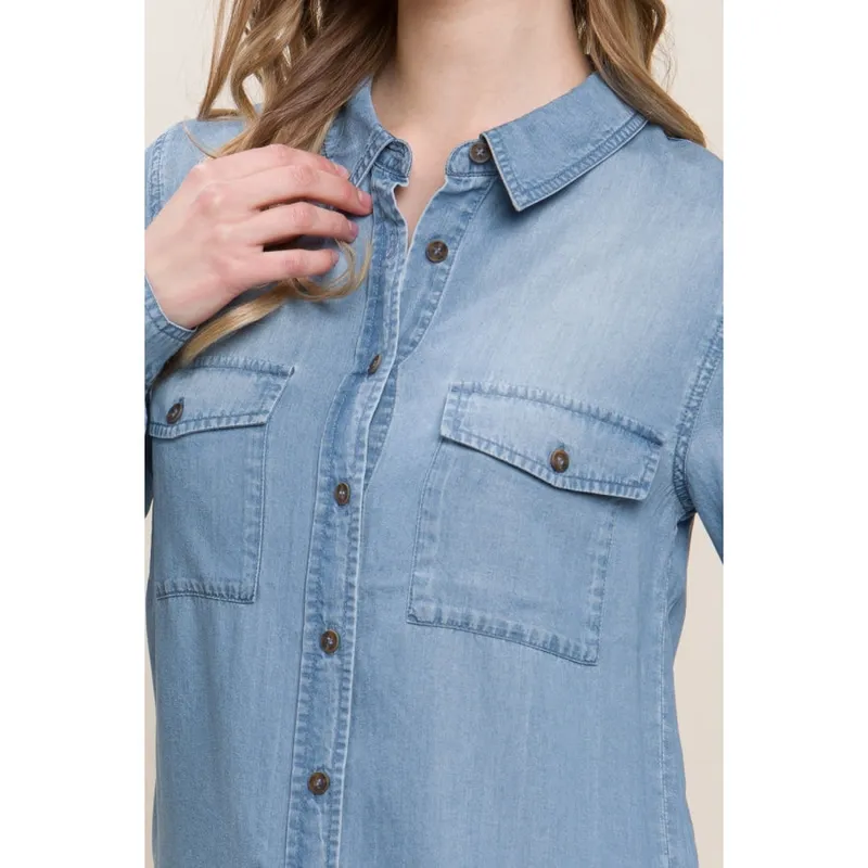 Scooped-Hem Button-Up Denim Shirt