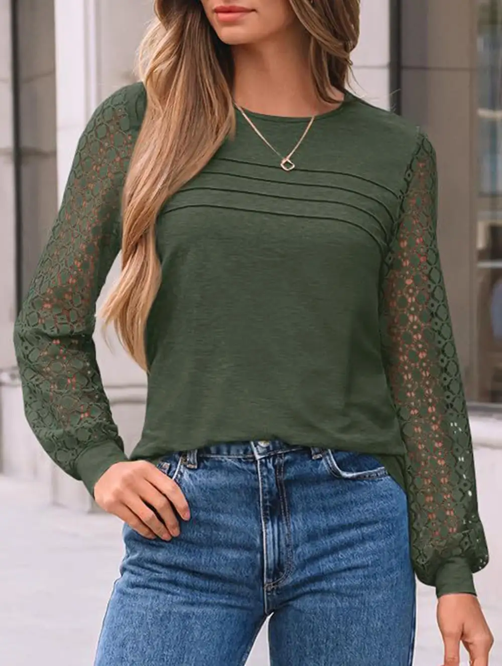 Crew Neck Openwork Patch Top