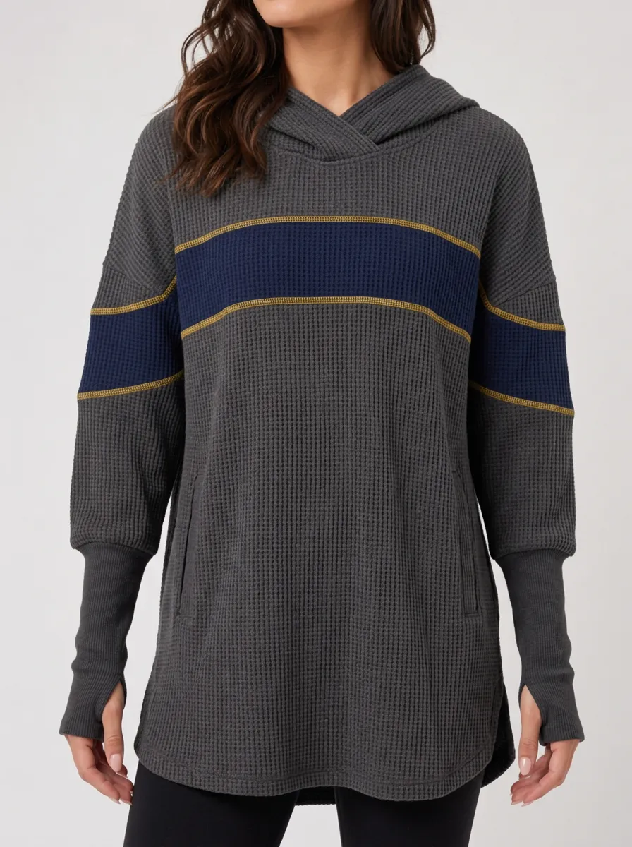 Women's Colorblock Striped Waffle Knit Hooded Top