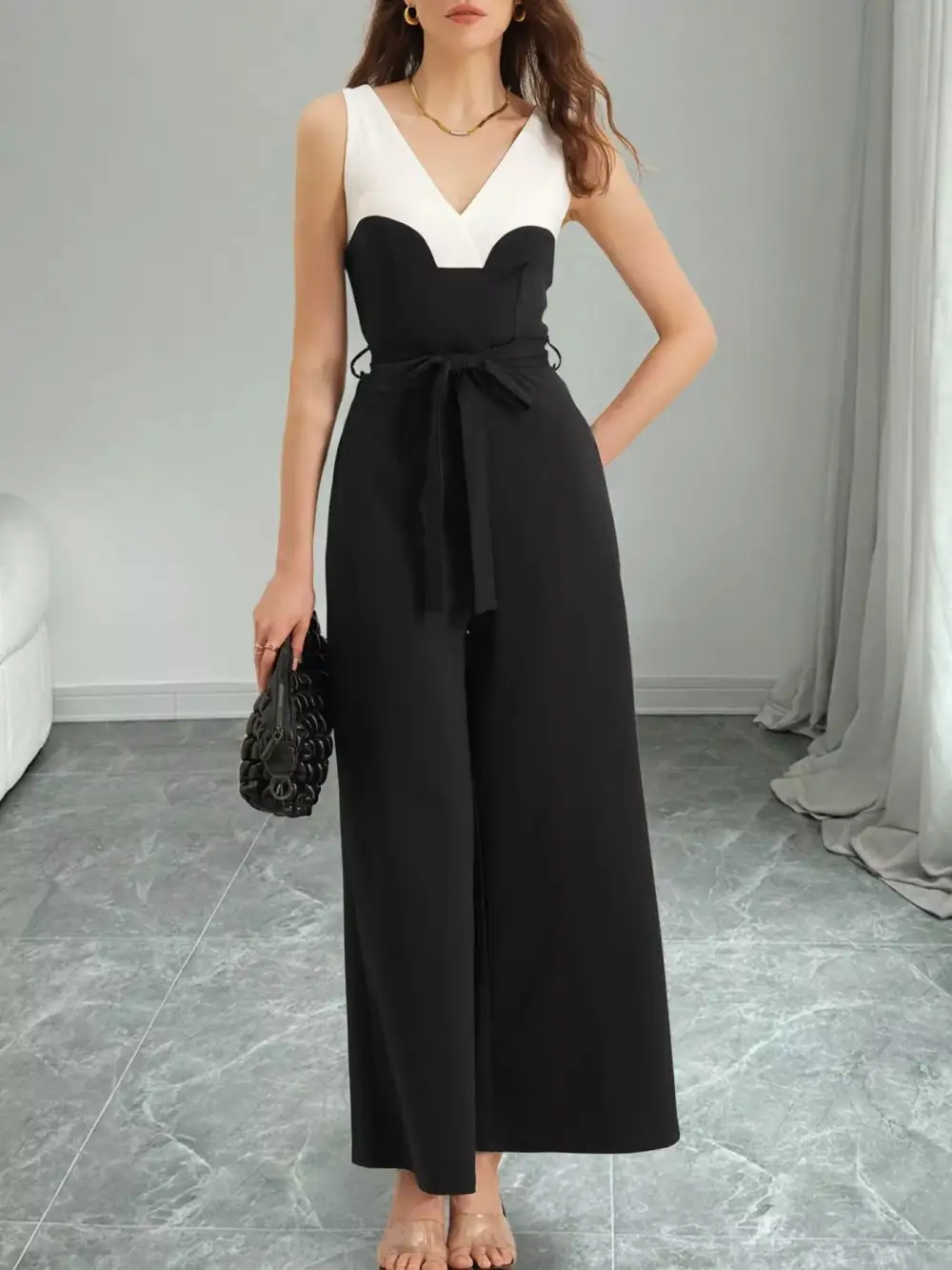 Blocked Pattern Wide Leg Jumpsuit