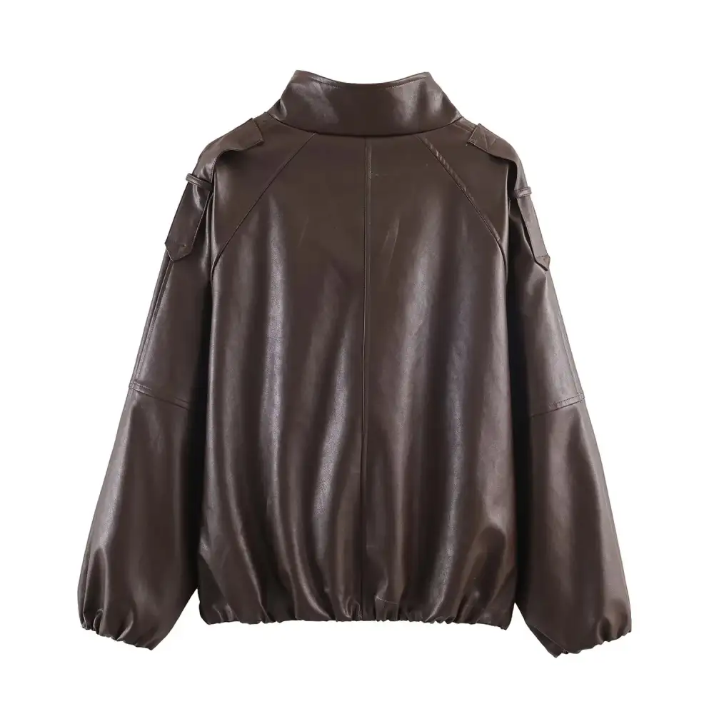 Oversized Faux Leather Stand Collar Snap Front Bomber Jacket