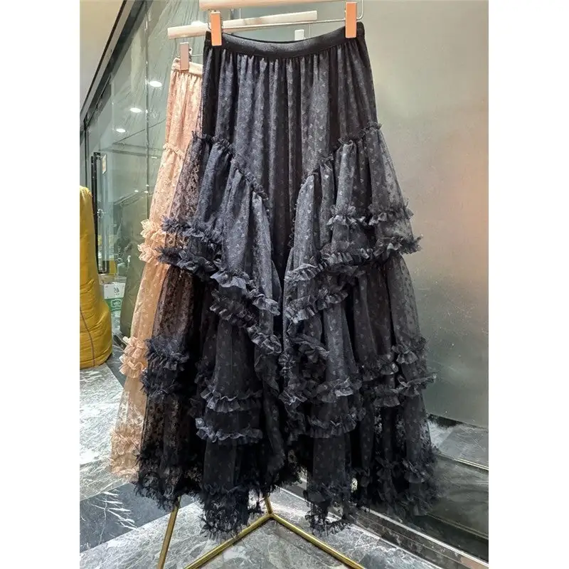 Structured A-Line Lace Mesh Midi Skirt