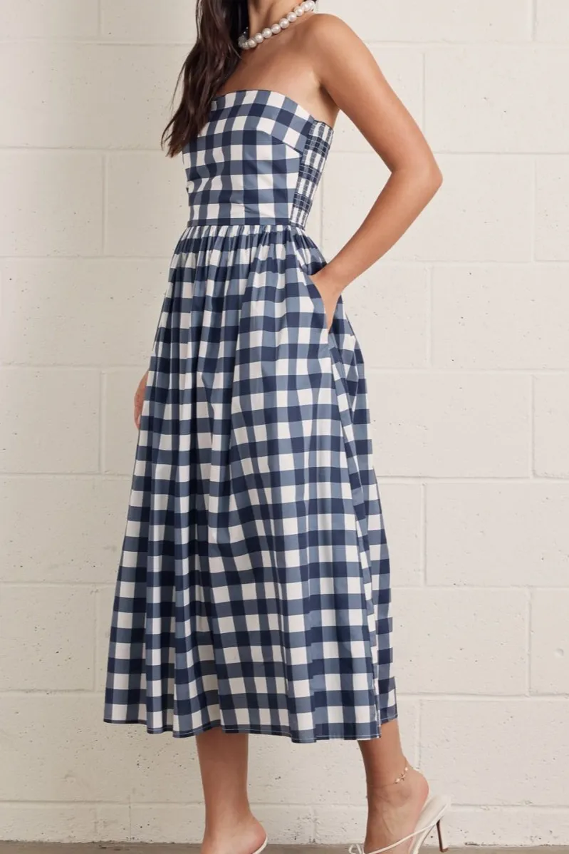 Gingham Strapless Pocket Midi Dress