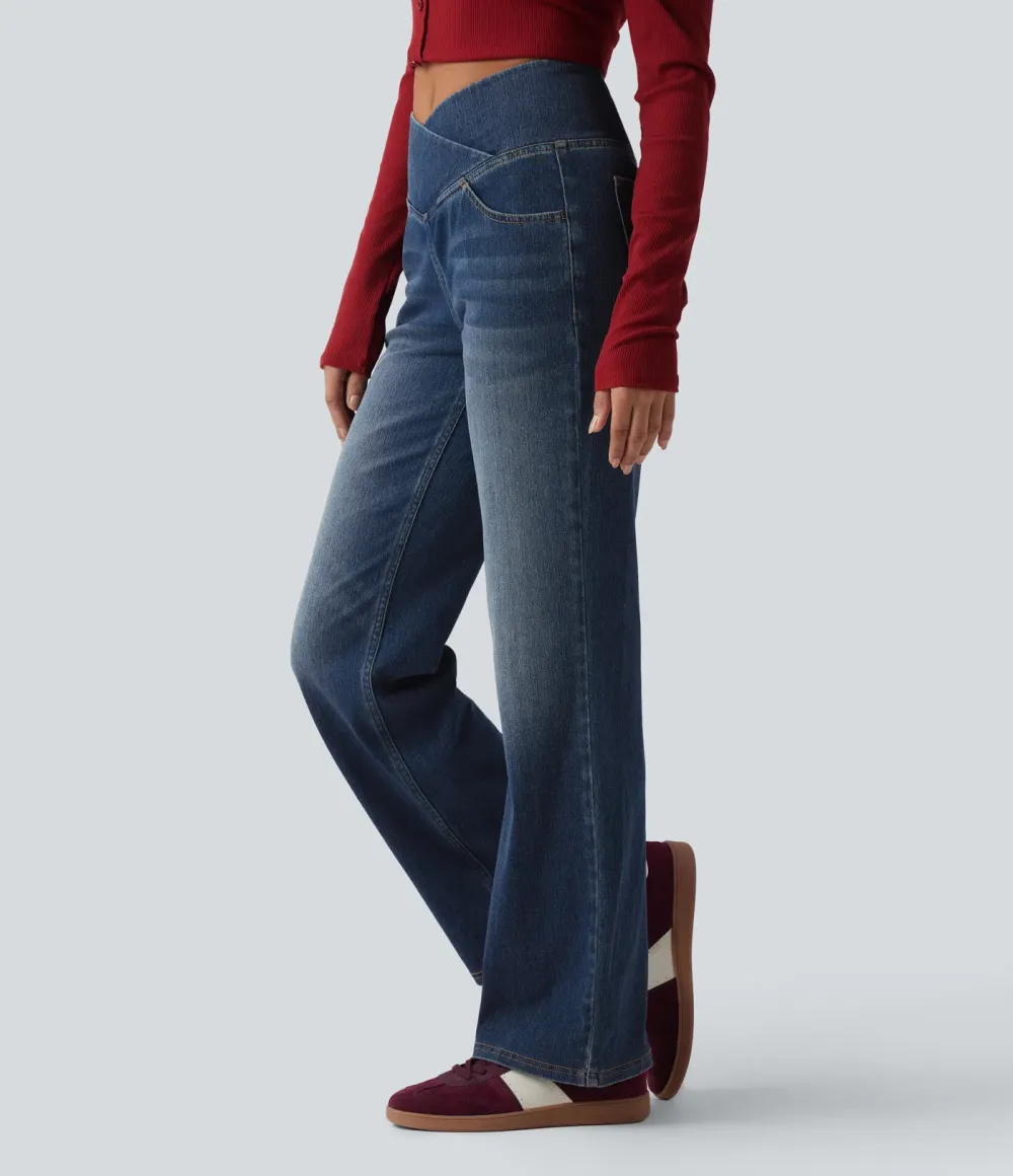 High-waisted, relaxed, crossover straight-leg jeans with  pockets