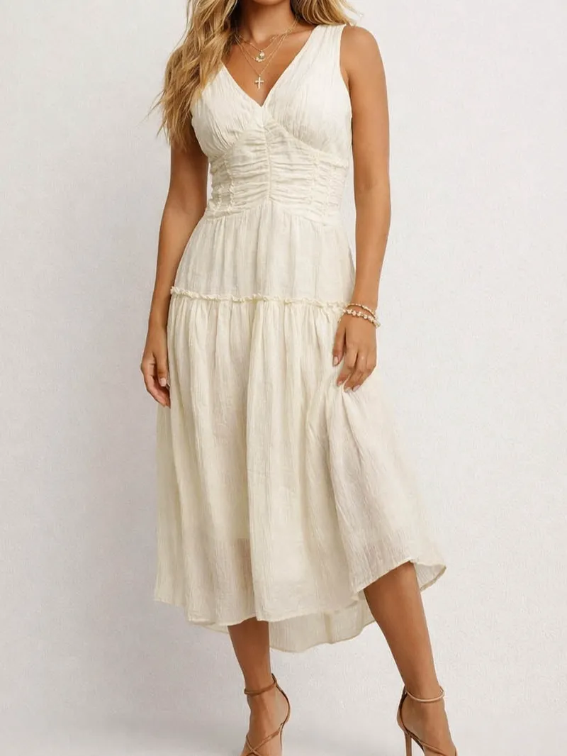 Wrap V Neck Ruched Waist Sleeveless Midi Dress