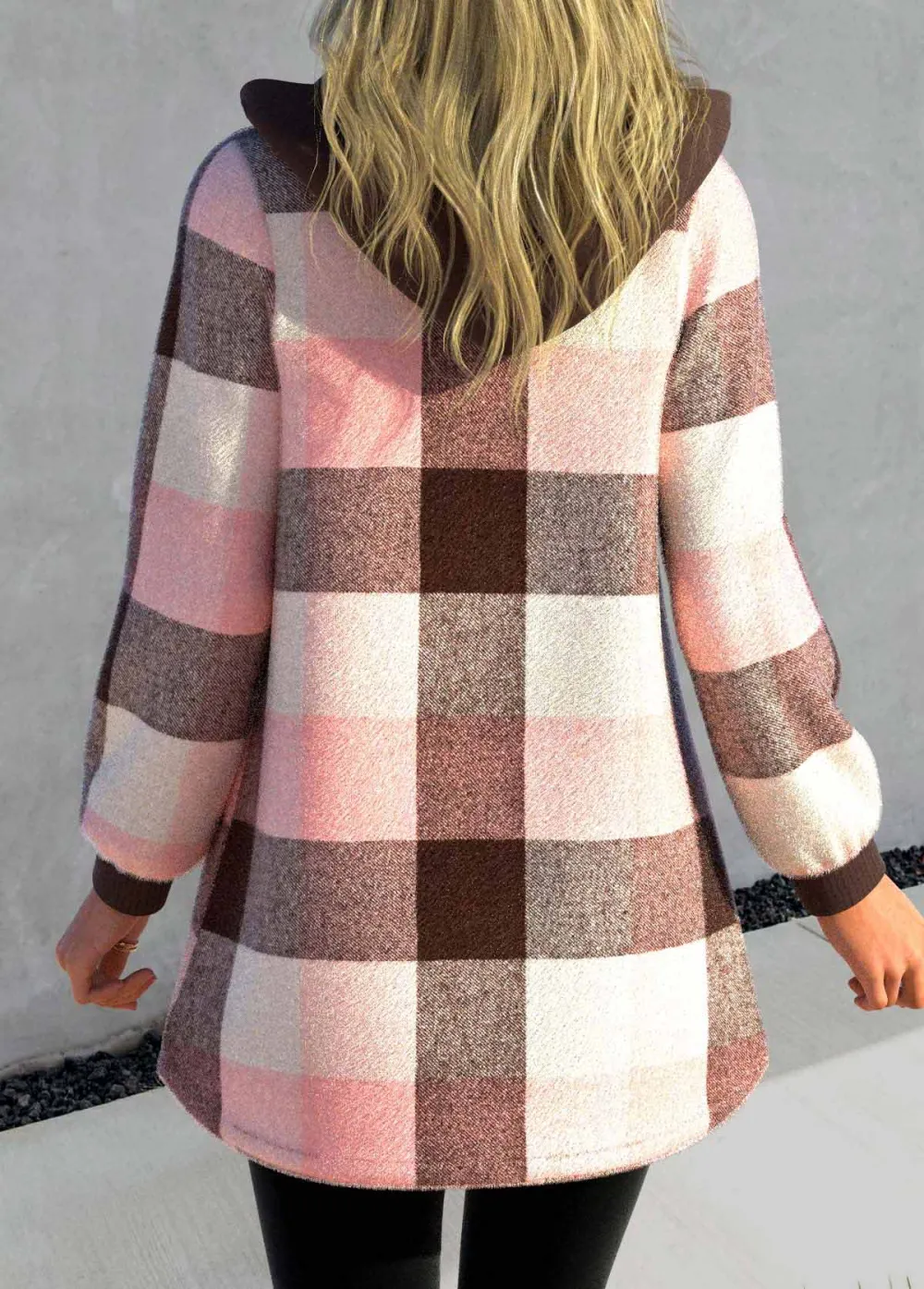 Pink Zipper Tartan Print Long Sleeve Hooded Jacket