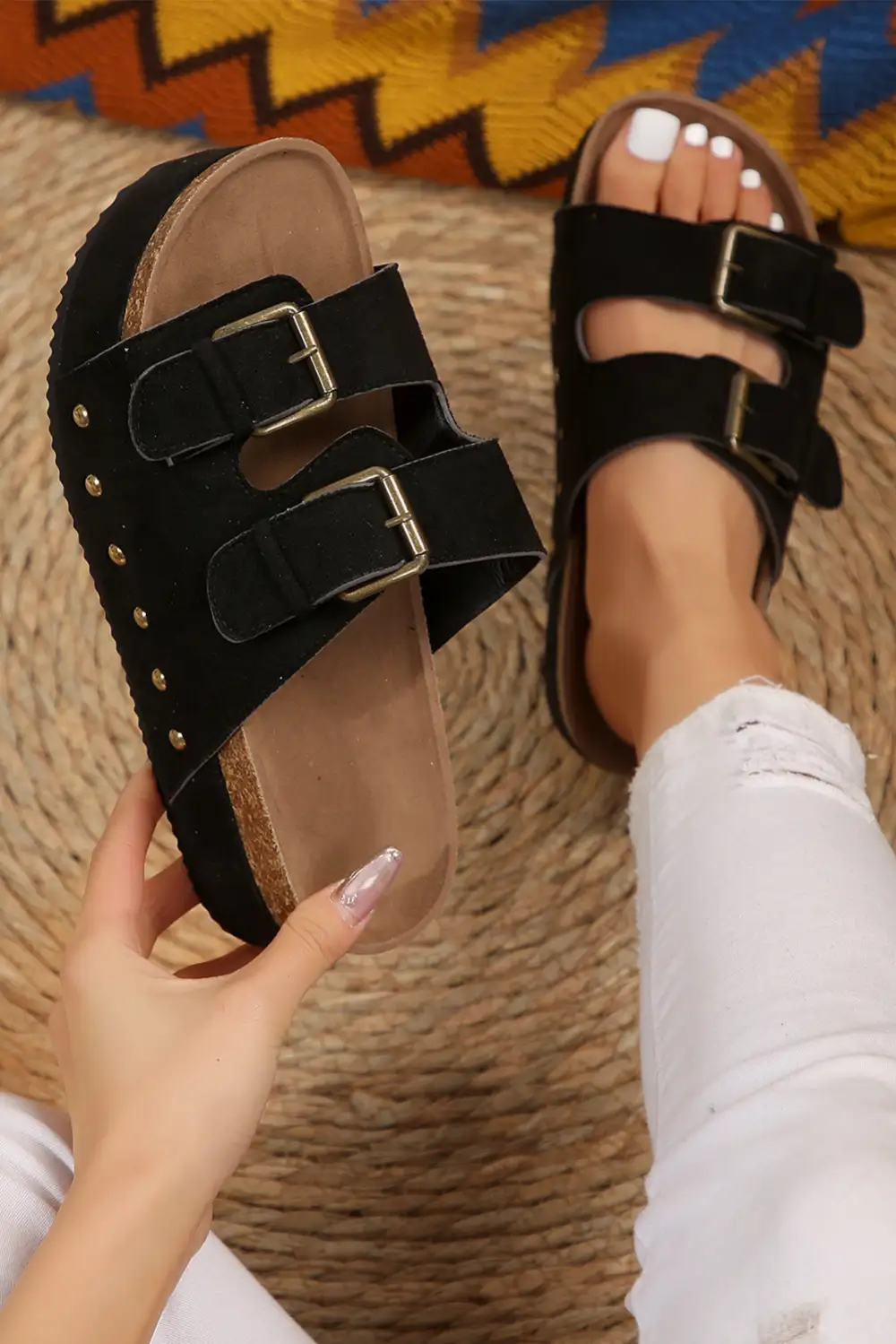 Suede Buckle Decor Footbed Sandals Slide Slippers Casual
