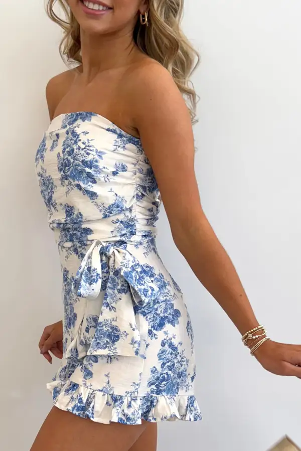 Floral Print Strapless Zipped Back Knot Waist Ruffled Romper