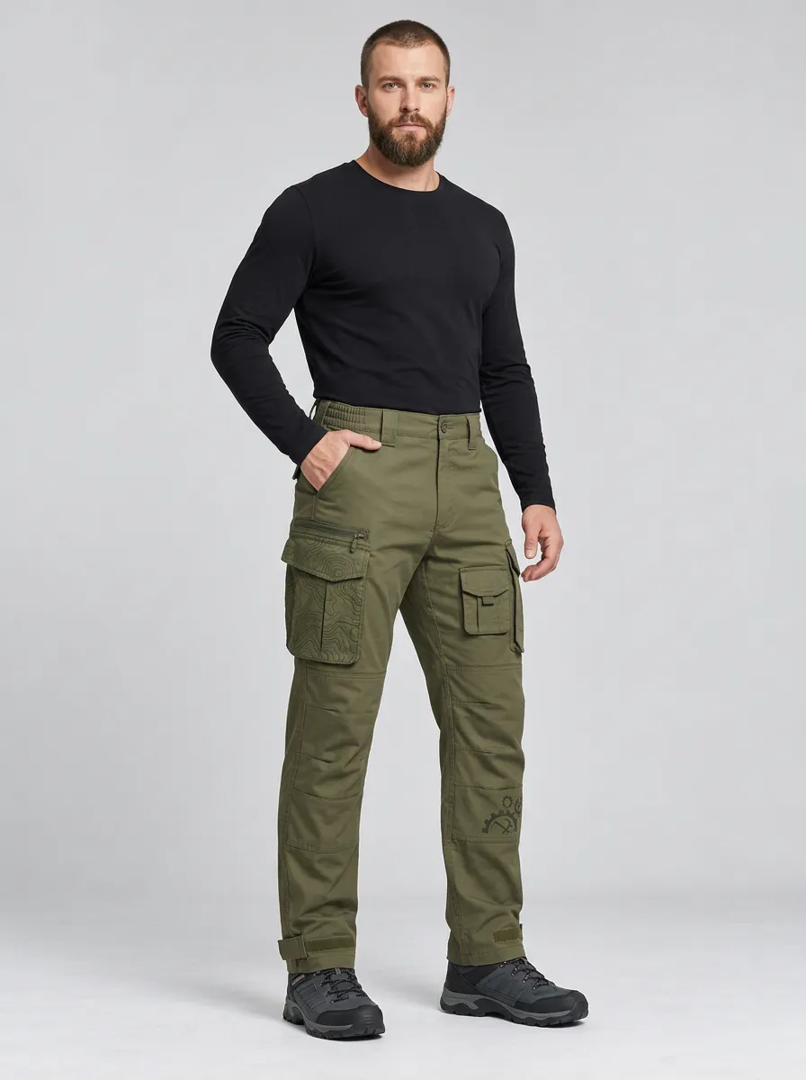 Men's Olive Green Topographic Multi-Pocket Articulated Knee Tactical Cargo Pants