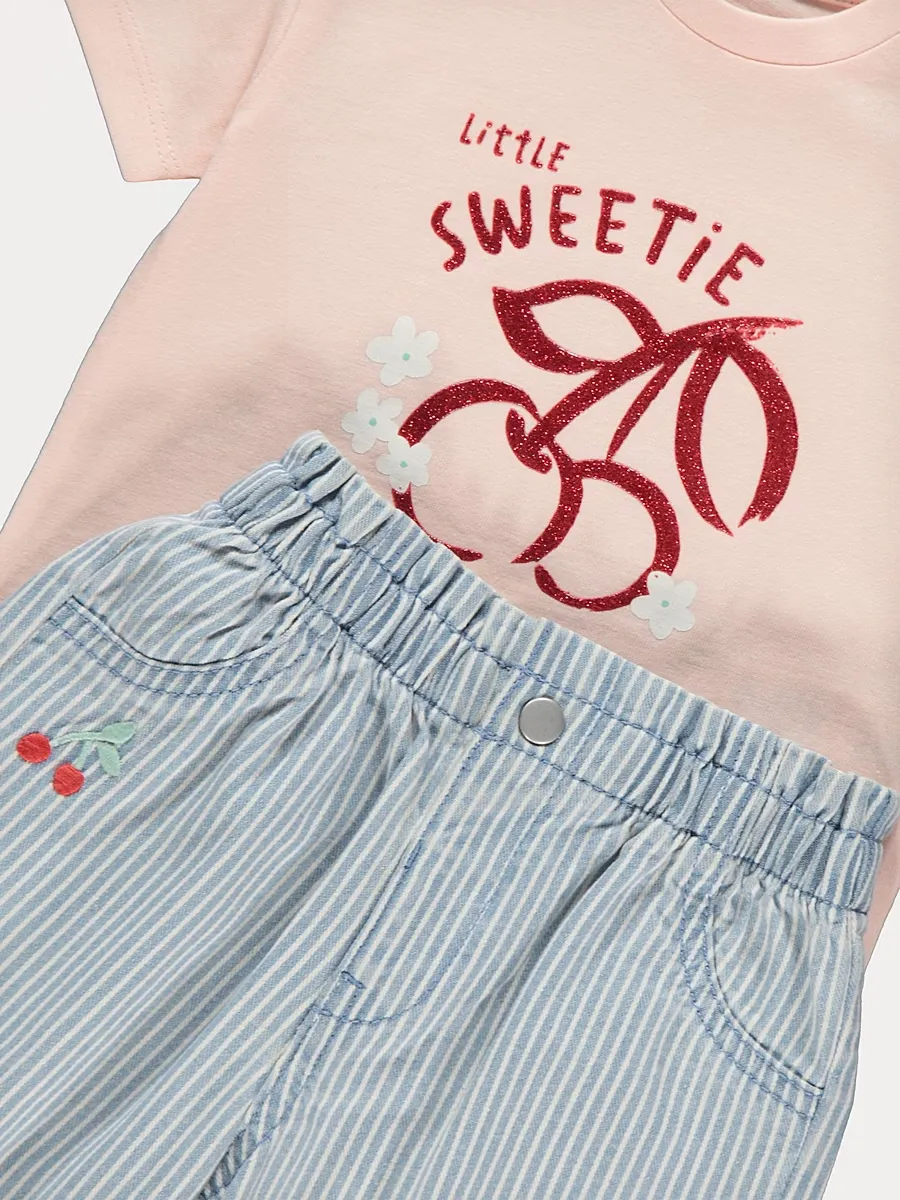 Pink Cherry Sweetie T-Shirt and Striped Jeans Outfit