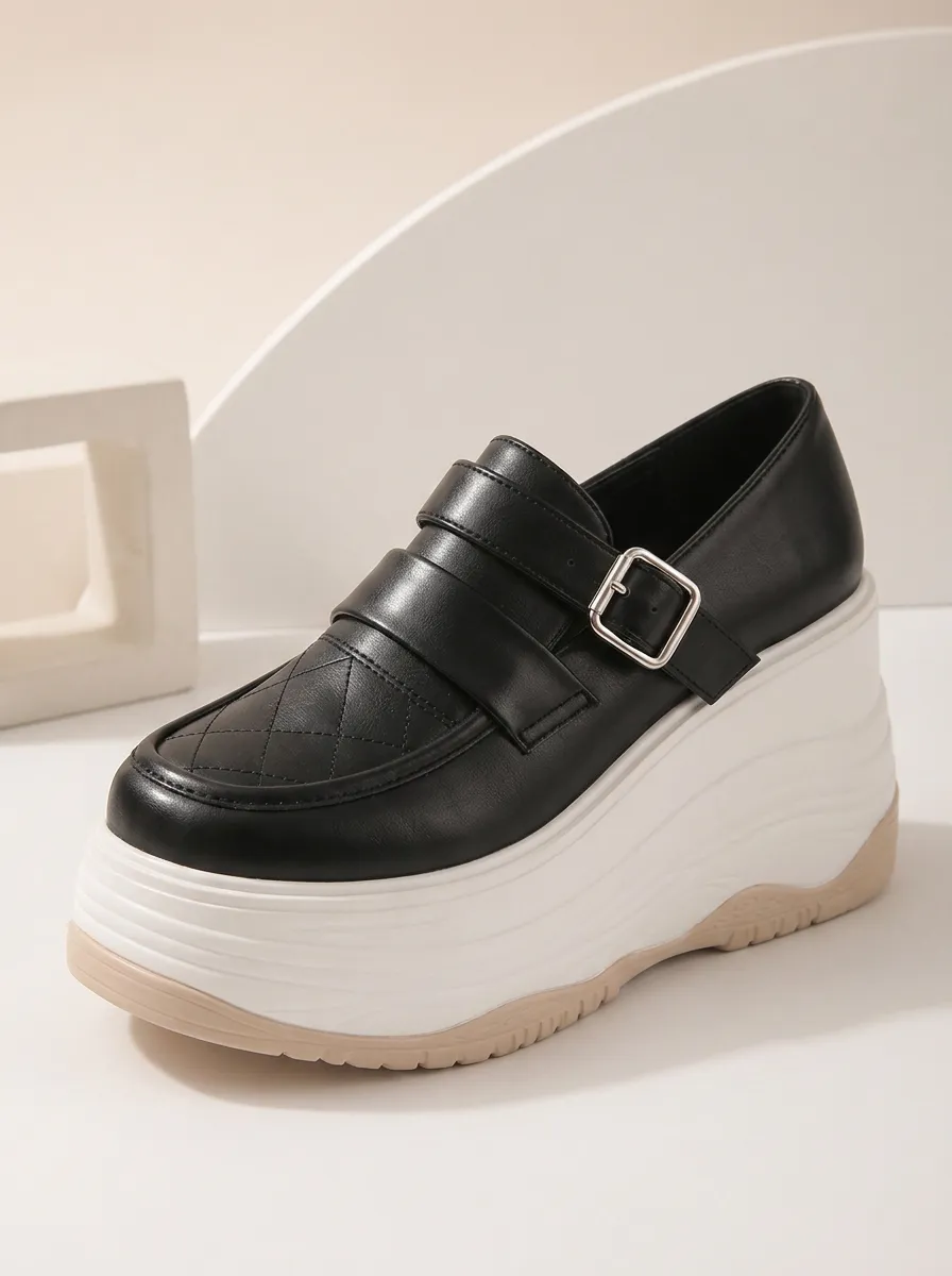 Quilted Buckle-Strap Wedge Slip-On Women's Chunky Platform Shoes