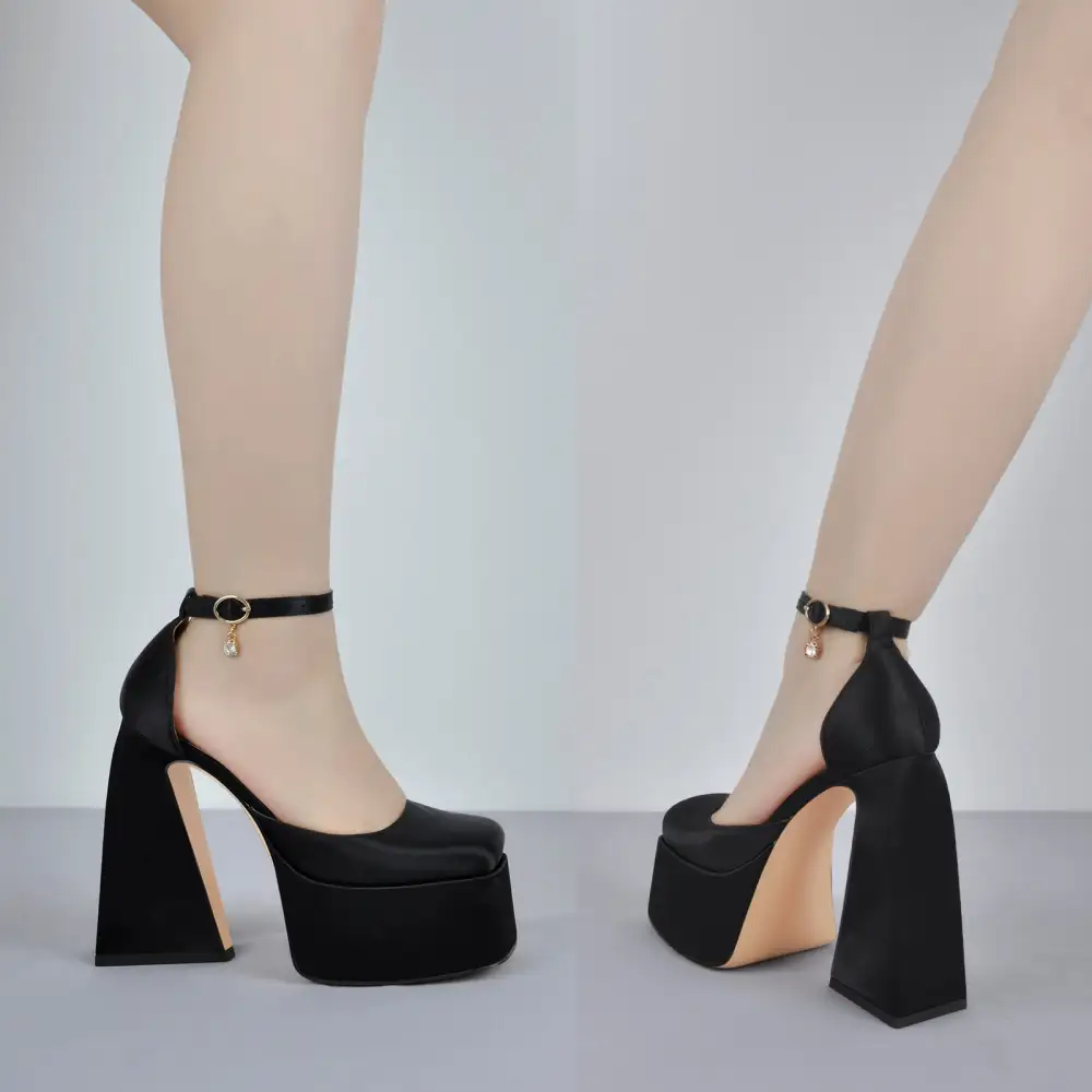 Patent Finish Square Toe Platform Chunky Heel Ankle Strap Pumps