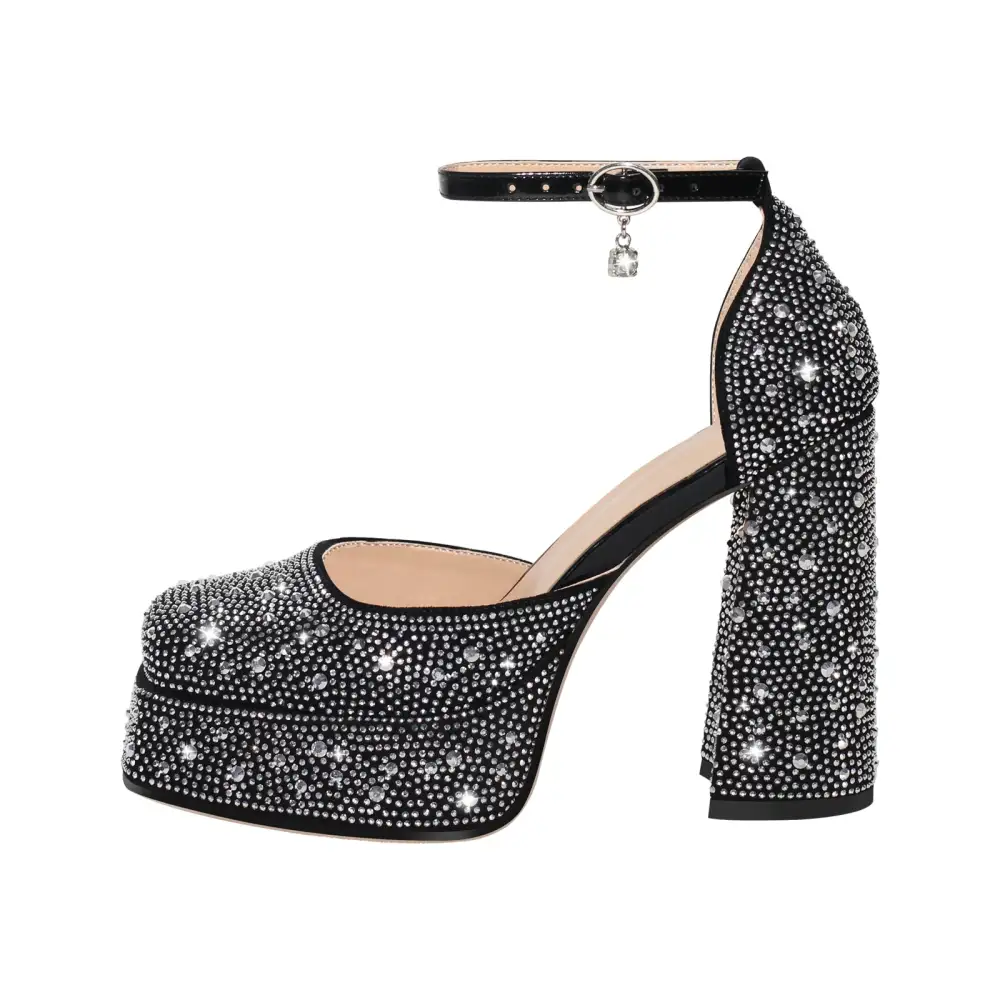 Rhinestone Square Toe Low Platform Chunky Heel Pumps