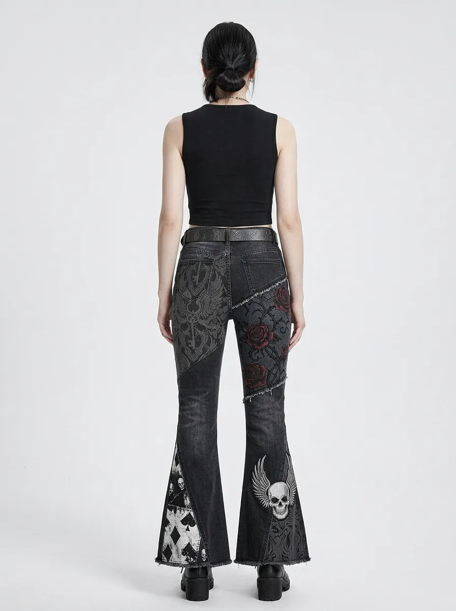 Dark Skull Rose Playing Card Night Look Women's Gothic Flare Jeans