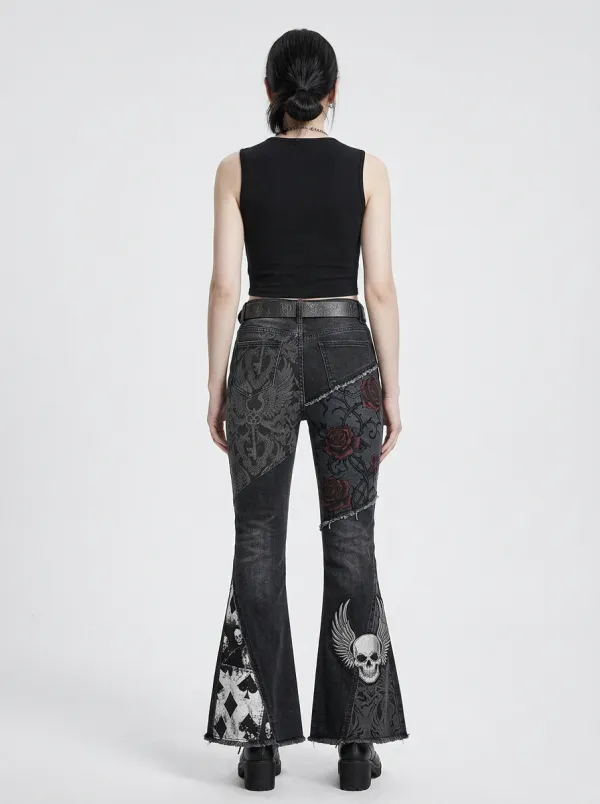 Dark Skull Rose Playing Card Night Look Women's Gothic Flare Jeans