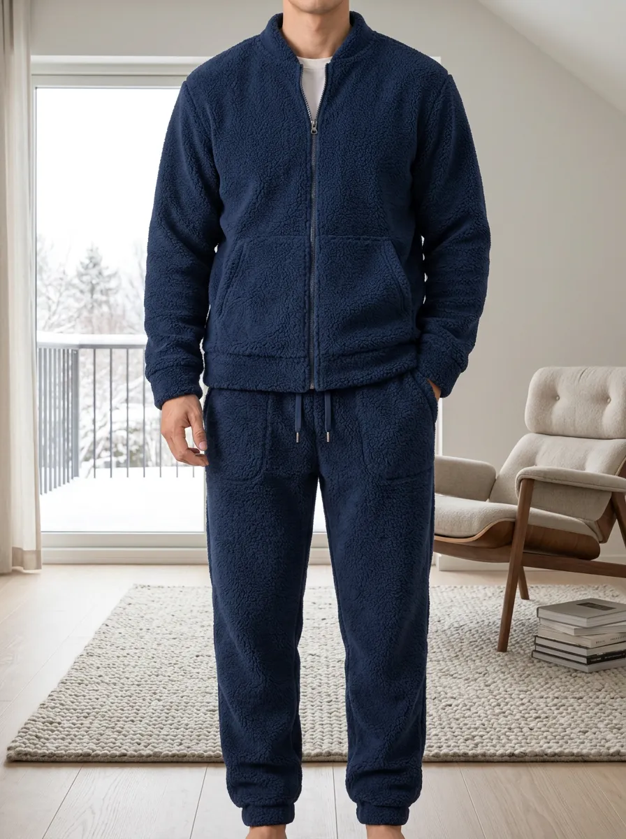 Men's Winter Fleece-Lined Jacket and Jogger Set with Ribbed Cuffs