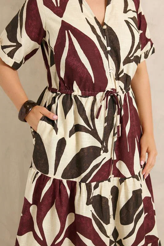 Cream & Red Abstract Leaf Print Cotton Dress detail 3