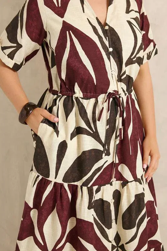 Cream & Red Abstract Leaf Print Cotton Dress