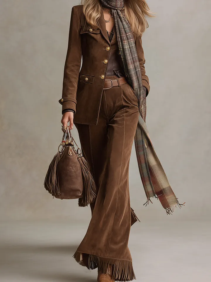 Faux-Suede Flared Tassel Pants
