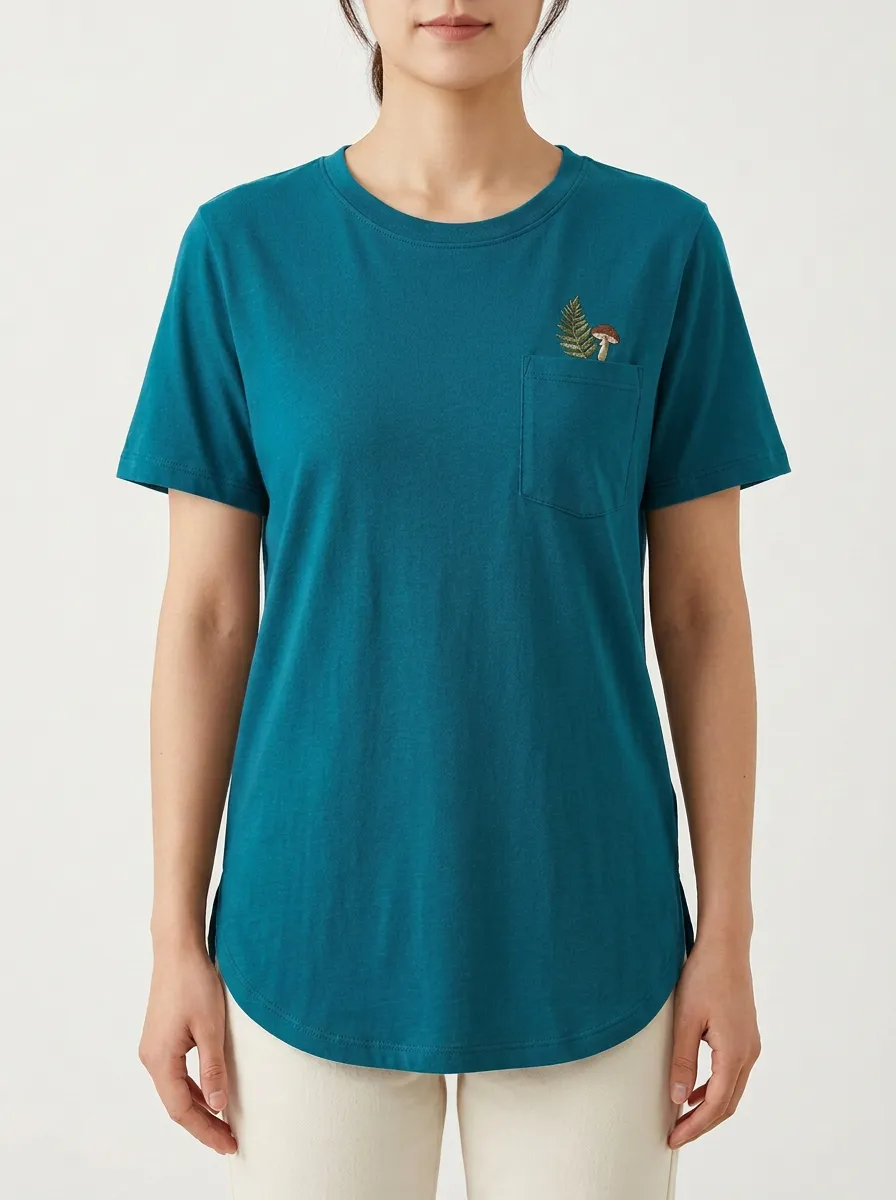 Women's Mushroom & Fern Embroidered Pocket Crewneck T-Shirt