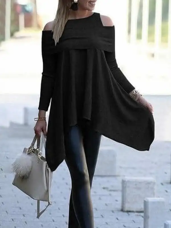 Minimal Asymmetric Relaxed Cutout Cold Shoulder T-Shirt