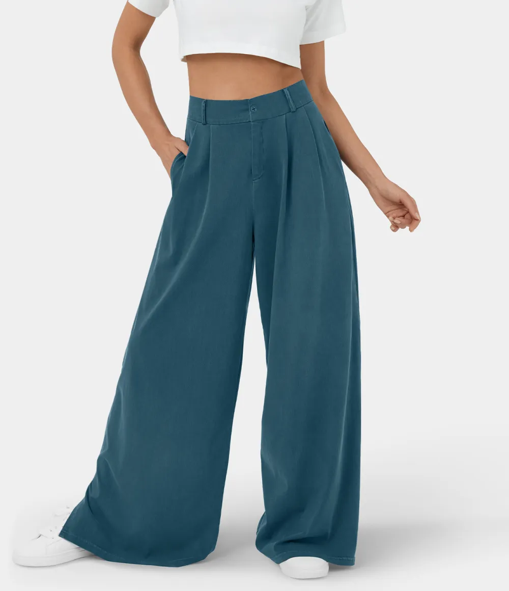 High Waisted Button Zipper Plicated Side Pocket Split Hem Wide Leg Casual Pants