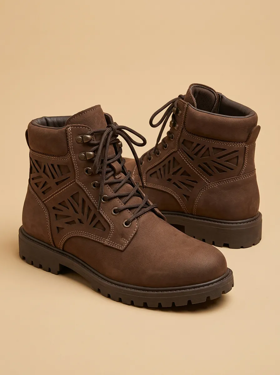 Unisex Geometric Cutout Faux Leather Print Work Boots