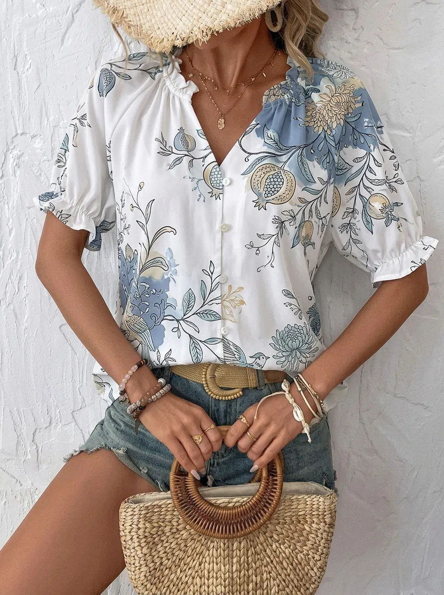 Women's Bohemian Floral Pomegranate Printed Button-Down Top