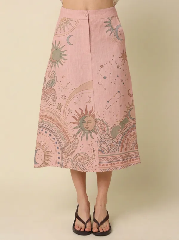 Women's Celestial Boho Sun Moon Paisley Printed Midi Skirt