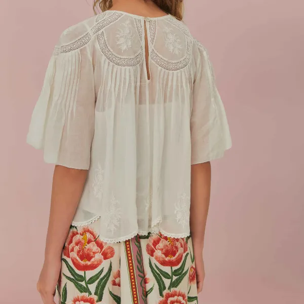 Cotton Lace-Trim Embroidered Short-Sleeve Blouse