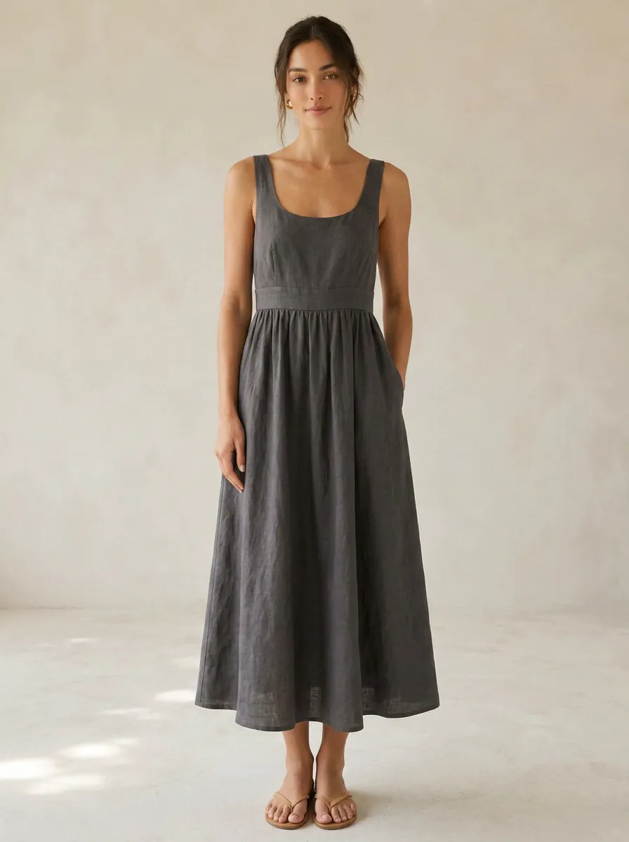 Women's Breezy Casual Lace-Up Linen Midi Backless Dress