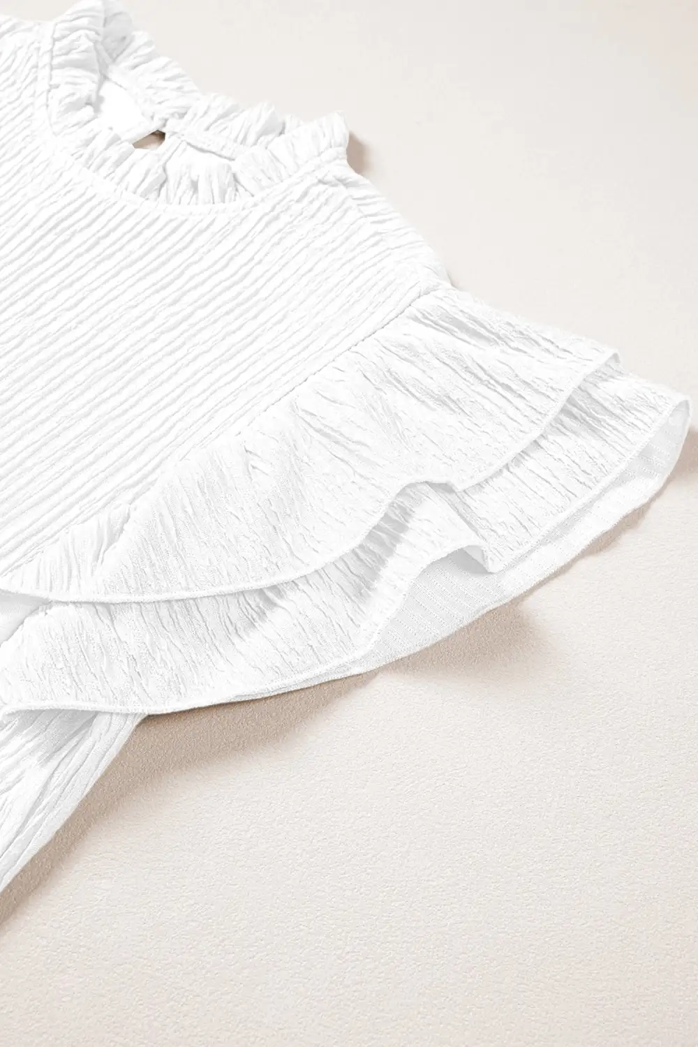 White Solid Color Textured Ruffle Trim Short Sleeve Blouse
