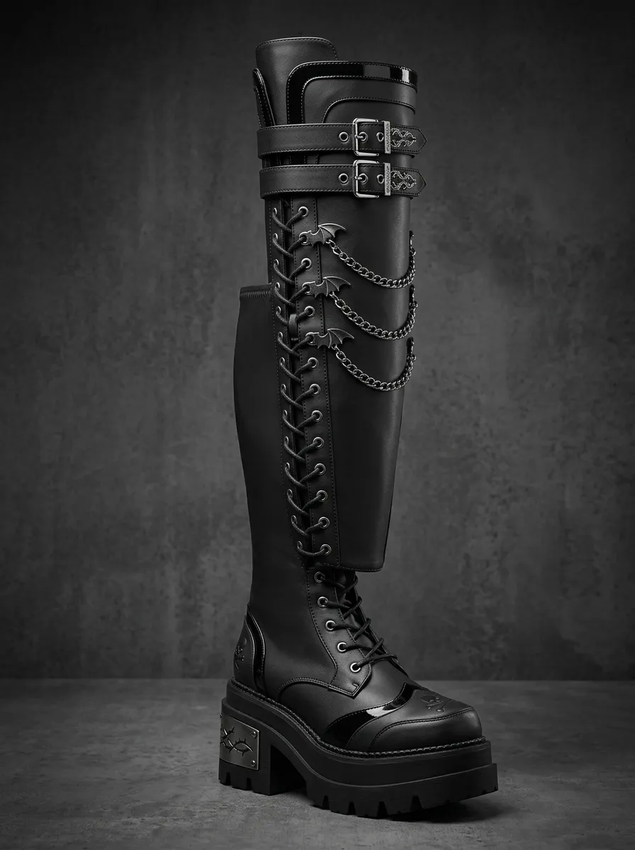 Modern Gothic Bat Lace Lace-Up Design Women's Gothic Platform Knee High Boots