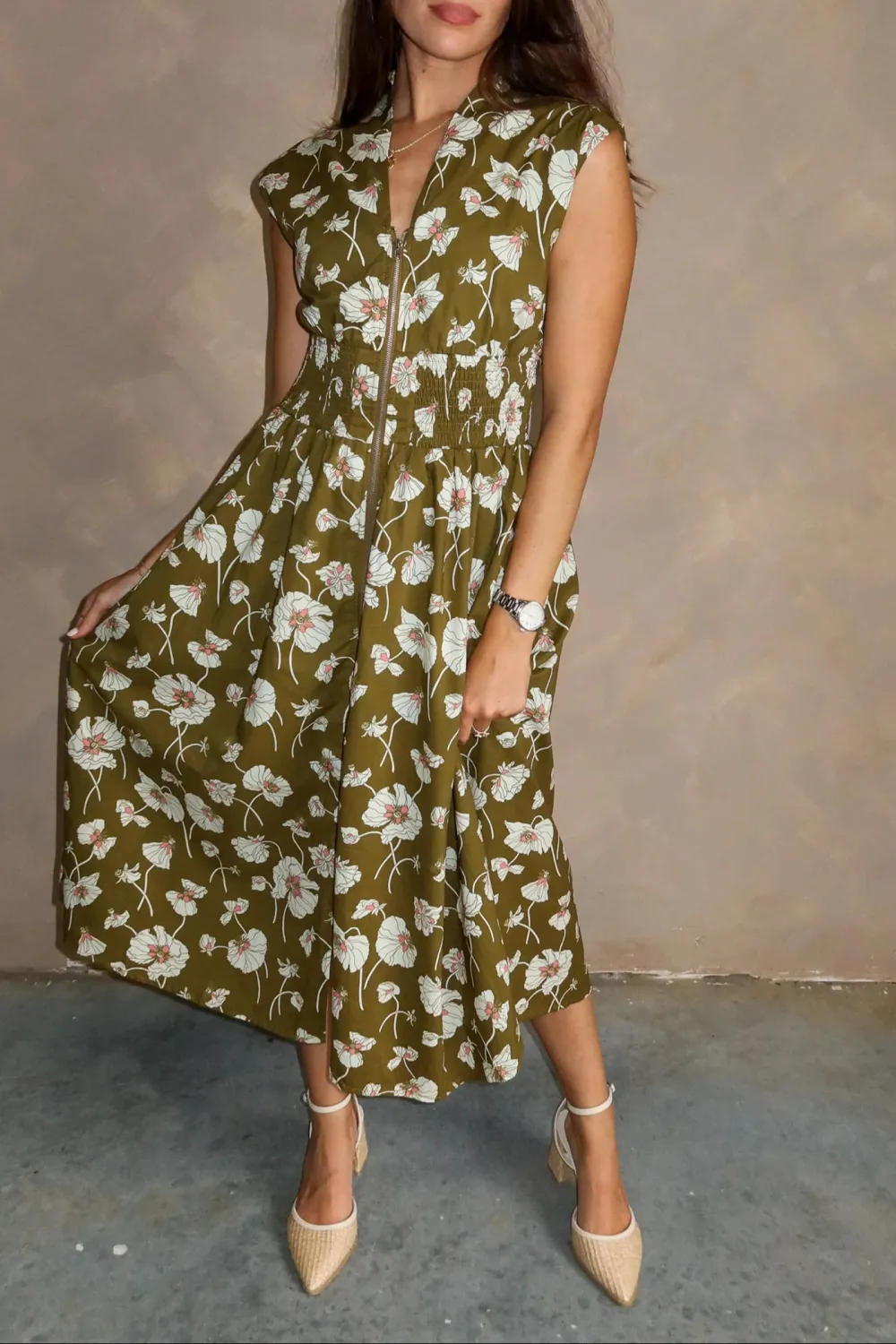 Floral Front Zipper Midi Dress