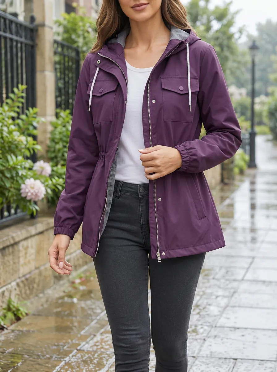 Women's Purple Hooded Waterproof Rain Jacket