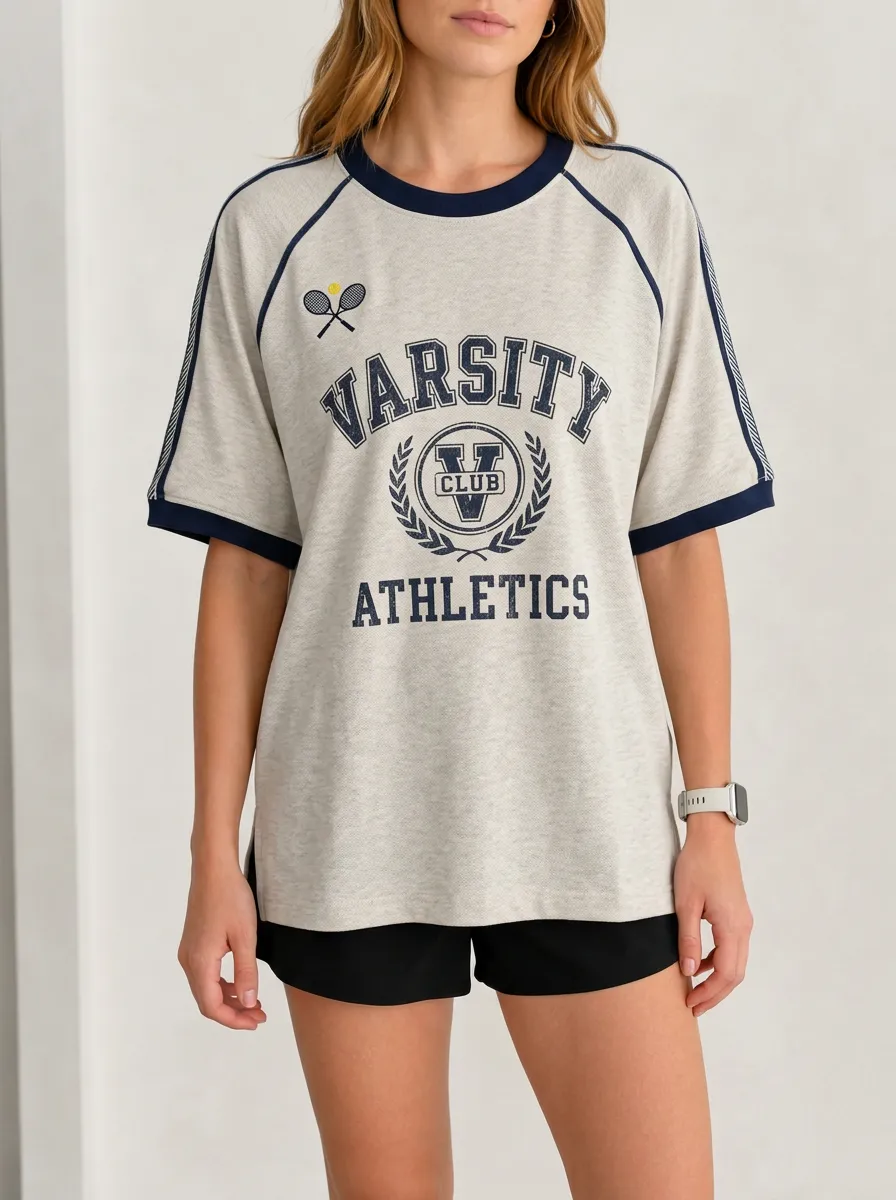 Women's Tennis Lover Varsity Athletics Printed T-shirt