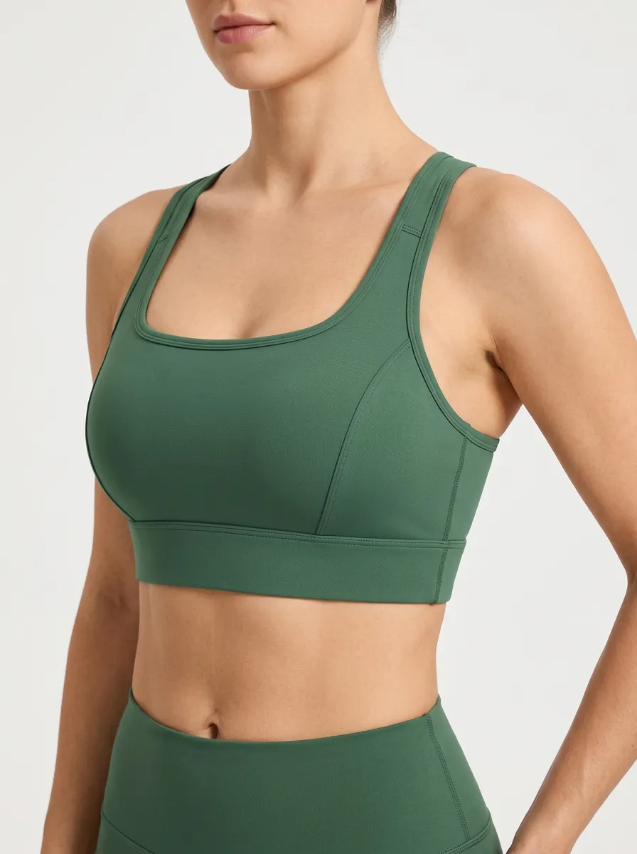 Women's Scoop Neck Wide Strap Panel Detail Sports Bra