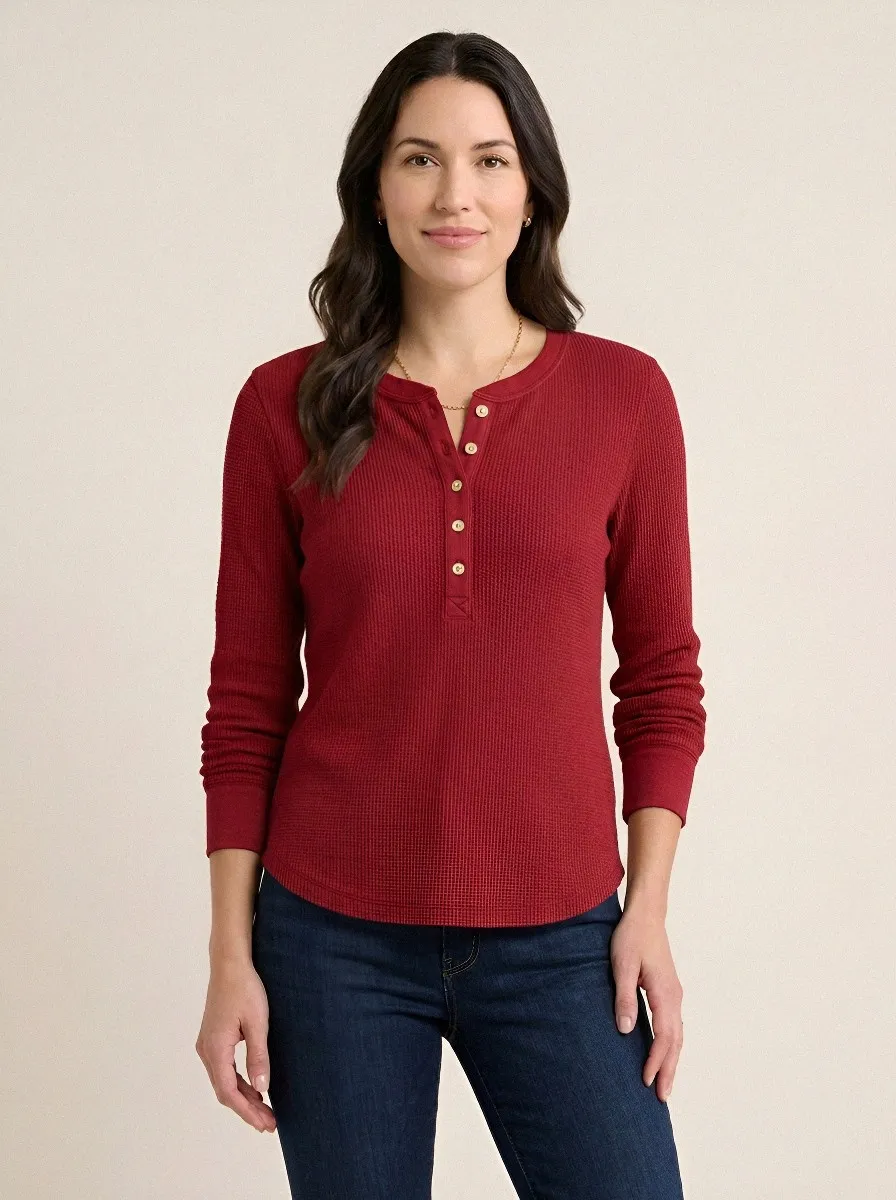 Women's Casual Brown Waffle Knit Long Sleeve Henley Shirt